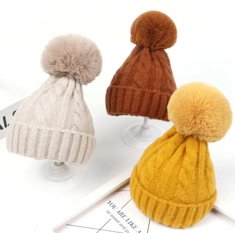 Kids Winter Ear Protect Knitting Hat Toddler Pom Pom Hat; Beige Doba
